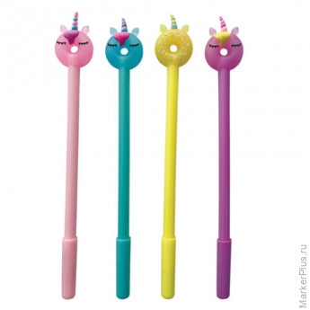 Ручка с топпером шариковая ЮНЛАНДИЯ "Единорог-пончик", корпус ассорти, СИНЯЯ, пишущий узел 0,7 мм, 143803