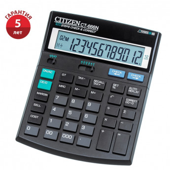 Калькулятор настольный Citizen CТ-666N, 12 разр., двойное питание, 142*186*37мм, черный