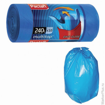 Мешки для мусора 240 л, с ушками, синие, рулон 10 шт., ПВД, 40 мкм, 90х145 см, PACLAN 'Multitop', 134451, комплект 10 шт