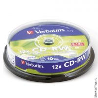 Диск CD-RW VERBATIM, 700 Mb, 12х, 10 шт., Cake Box, 43480
