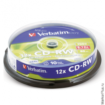 Диск CD-RW VERBATIM, 700 Mb, 12х, 10 шт., Cake Box, 43480, комплект 10 шт
