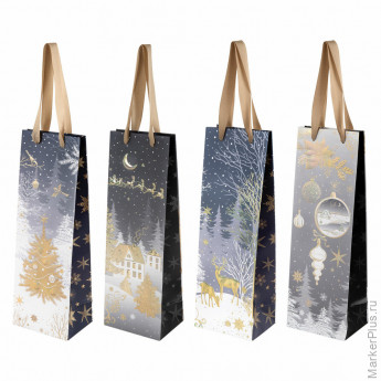 Пакет подарочный под бутылку НАБОР 4 штуки новогодний 12x36x9 см, "Bottle", ЗОЛОТАЯ СКАЗКА, 592135, комплект 4 шт