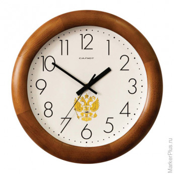 Часы настенные САЛЮТ ДС-ББ25-186, круг, бежевые с рисунком "Герб", деревянная рамка, 31х31х4,5 см