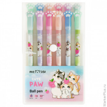 Набор шариковых ручек MESHU "Paw" 12шт., синие, 0,7мм, корпус ассорти, европодвес