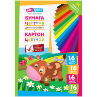 Набор цв. немел.картона 16л. и двусторон.газет.цв.бумаги 16л, A4, ArtSpace 'Коровка', в папке, 5 шт/в уп