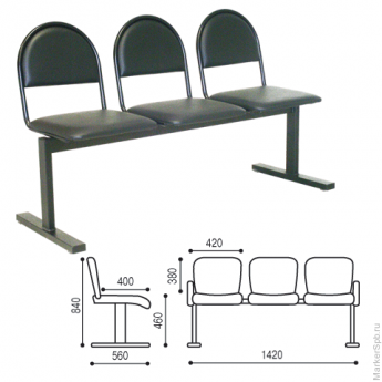 Кресло для посетителей трехсекционное "Тройка", 840х1420х560 мм, черный каркас, черный кожзам., СМ 9