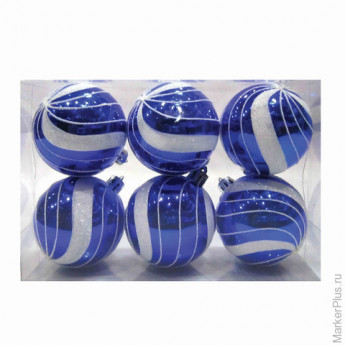 Шары елочные, набор 6 шт., пластик, диаметр 6 см, с рисунком глиттером, цвет синий (глянец), 59580