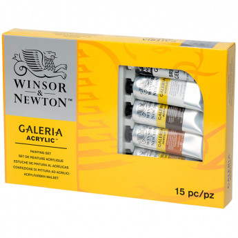 Краски акриловые Winsor&Newton 'Galeria', 9 цв., 60 мл/туба, доска, палитра, медиум для блеска, 2 кисти, картон. упак.