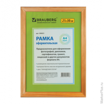 Рамка 21х30 см, дерево, багет 18 мм, BRAUBERG 'HIT', канадская сосна, стекло, 390021