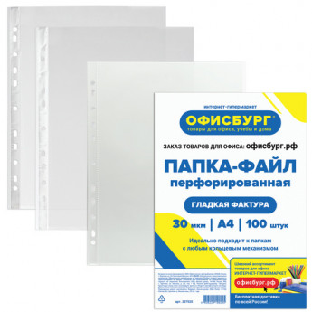Папки-файлы перфорированные ОФИСБУРГ, А4, комплект 100 шт., гладкие, 30 мкм, 227525, комплект 100 шт