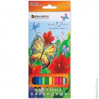 Карандаши цветные BRAUBERG "Wonderful butterfly", 12 цветов, заточенные, картонная упаковка с блестками, 180535