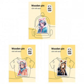 Набор деревянных значков MESHU 'Girls with ears', каширование, 3шт.