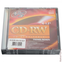 Диски CD-RW VS, 700 Mb, 4-12x, Slim Case, комплект 5 шт., VSCDRWSL501, комплект 5 шт