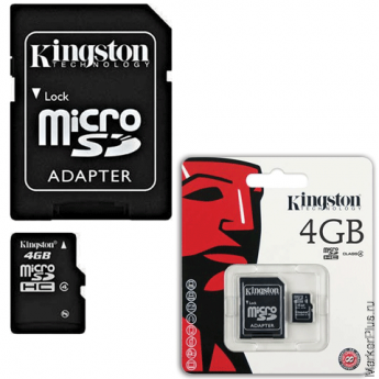 Карта памяти micro SDHC, 4 Gb, KINGSTON, скорость передачи данных 4 Мб/сек. (class 4), с адаптером, SDC4/4GB