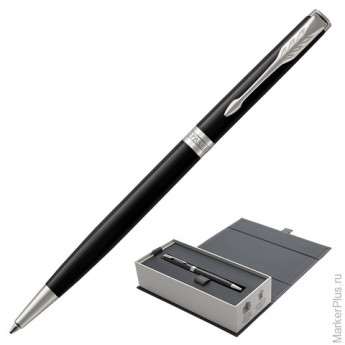 Ручка шариковая PARKER "Sonnet Lacquer Slim CT", тонкий корпус, черный лак, латунь, палладиевое покрытие, 1931503, черная